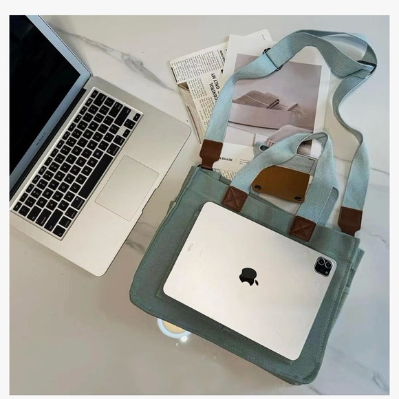 Tote bag, canvas, multi pocket, green, new with tags - Picture 5 of 6